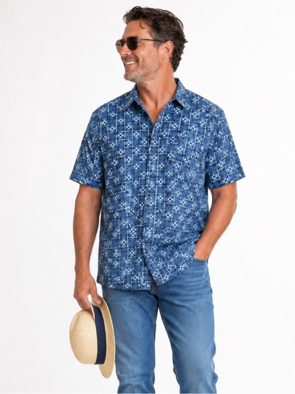 OCK Blue Geometric Short Sleeve Button-Up Shirt Men’s XL
